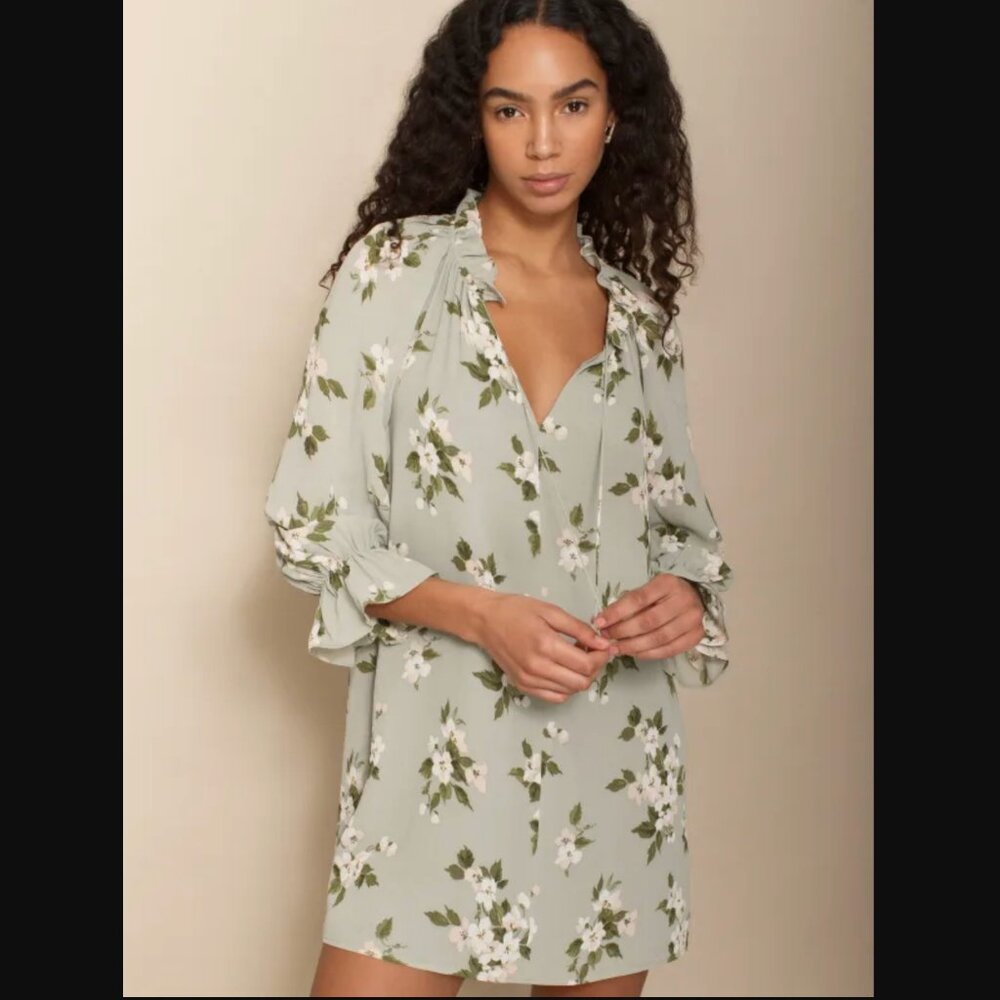 Reformation Adrienne Green Floral Mini Dress with Neck Ruffle and Tie Size M